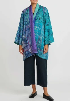 Mieko Mintz 2-Layer Vintage Silk A-Line Jacket In Purple, Turquoise Blue & Gold