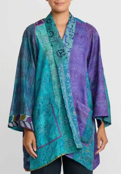 Mieko Mintz 2-Layer Vintage Silk A-Line Jacket In Purple, Turquoise Blue & Gold