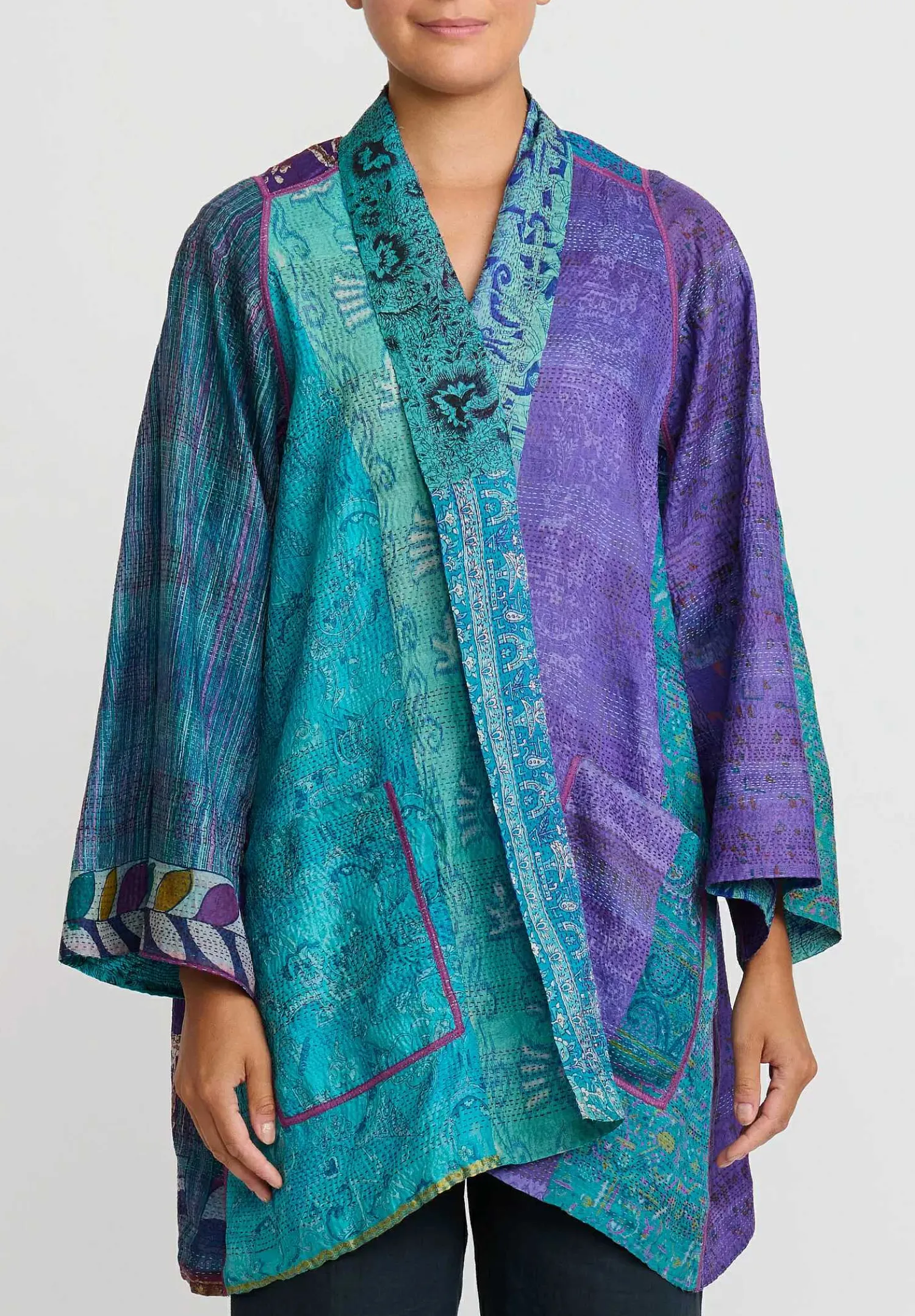 Mieko Mintz 2-Layer Vintage Silk A-Line Jacket In Purple, Turquoise Blue & Gold