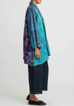 Mieko Mintz 2-Layer Vintage Silk A-Line Jacket In Purple, Turquoise Blue & Gold