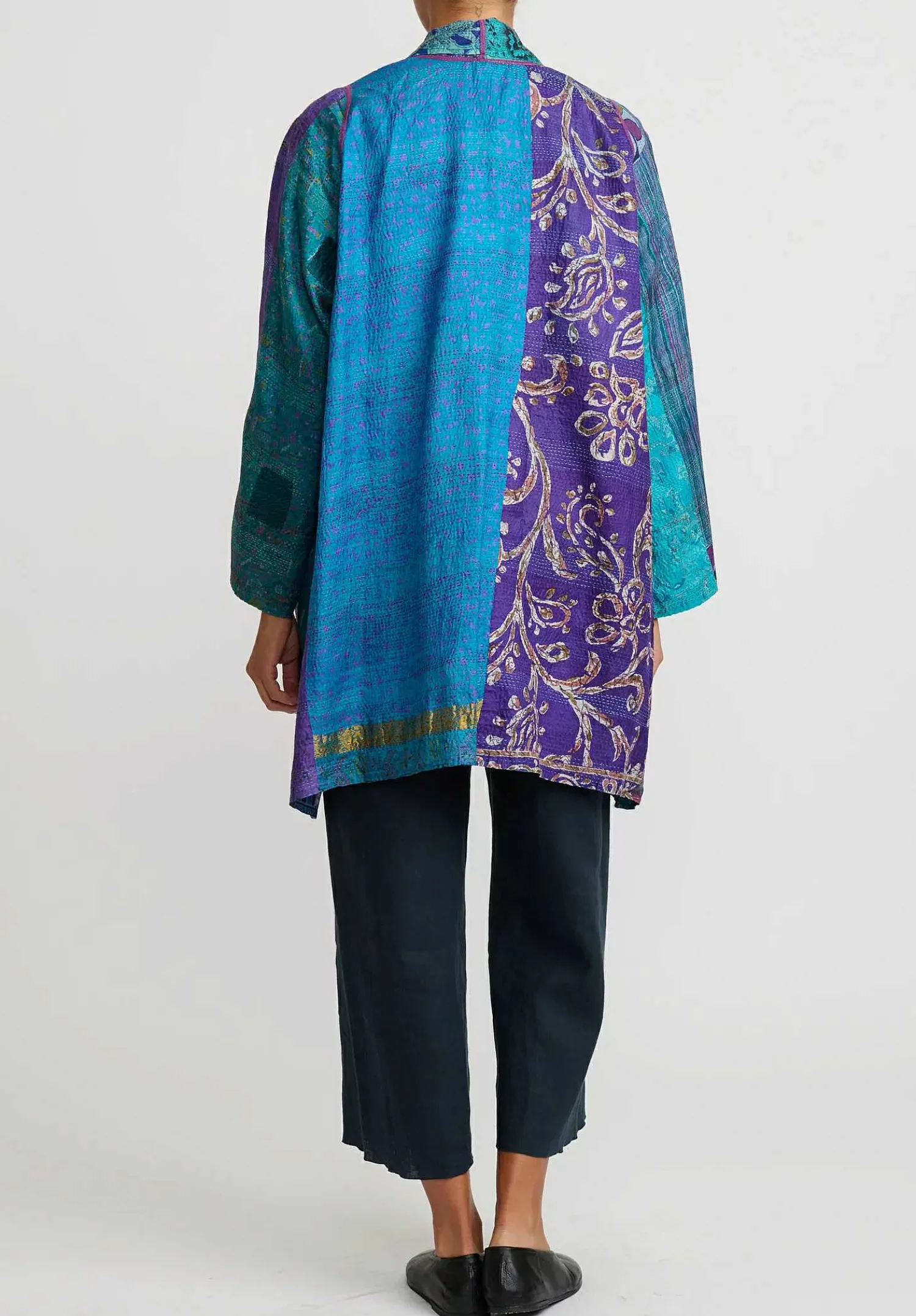 Mieko Mintz 2-Layer Vintage Silk A-Line Jacket In Purple, Turquoise Blue & Gold