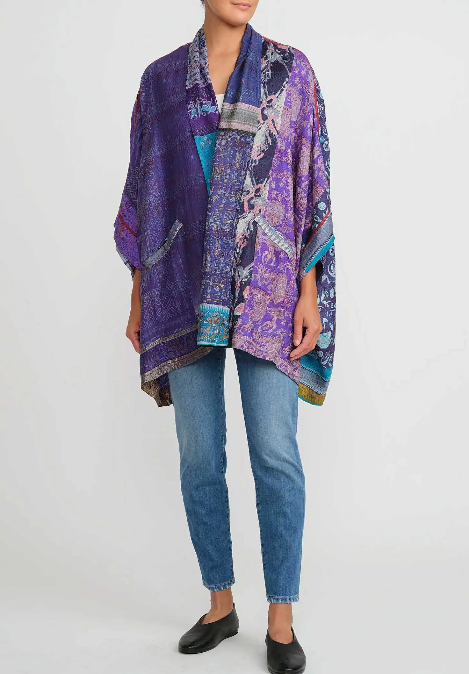 Mieko Mintz 2-Layer Vintage Silk Double Collar Poncho In Purple & Turquoise Blue