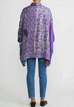 Mieko Mintz 2-Layer Vintage Silk Double Collar Poncho In Purple & Turquoise Blue
