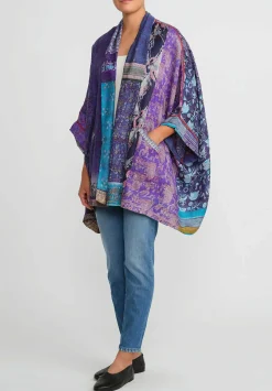 Mieko Mintz 2-Layer Vintage Silk Double Collar Poncho In Purple & Turquoise Blue