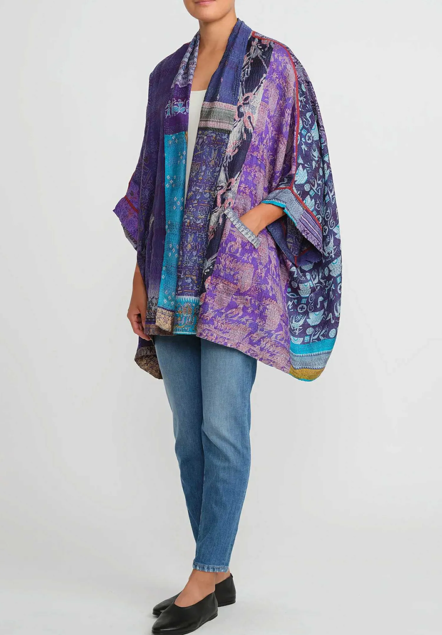 Mieko Mintz 2-Layer Vintage Silk Double Collar Poncho In Purple & Turquoise Blue