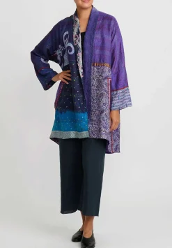 Mieko Mintz 2-Layer Vintage Silk Kantha Long Kimono Jacket In Purple & Off White