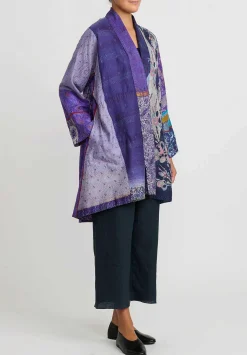 Mieko Mintz 2-Layer Vintage Silk Kantha Long Kimono Jacket In Purple & Off White