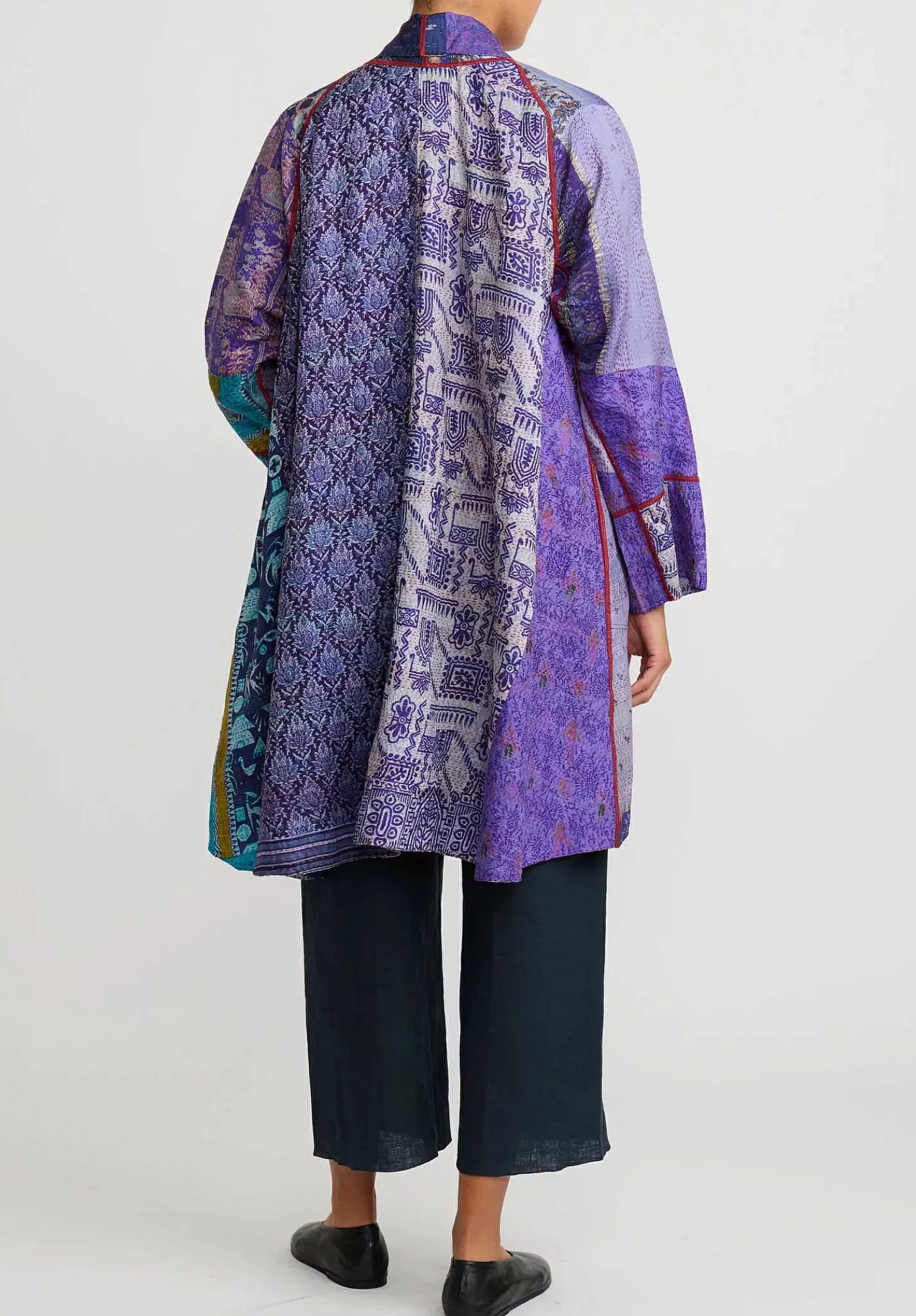 Mieko Mintz 2-Layer Vintage Silk Kantha Long Kimono Jacket In Purple & Off White