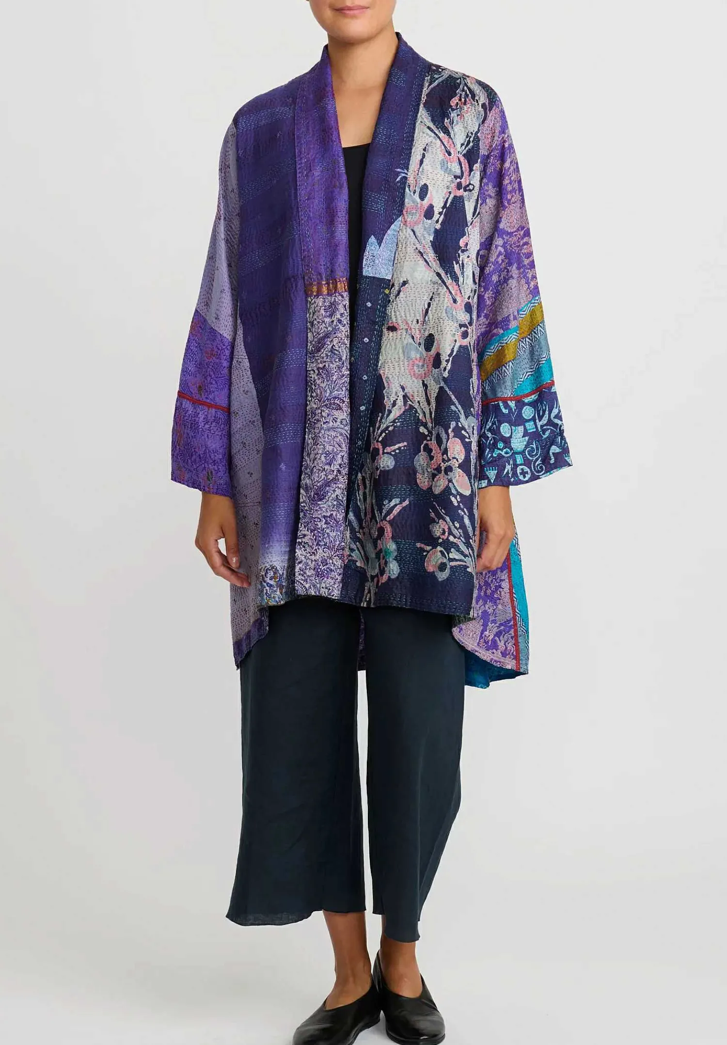 Mieko Mintz 2-Layer Vintage Silk Kantha Long Kimono Jacket In Purple & Off White