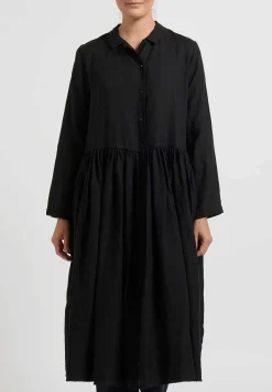 Kaval Linen Gathered Waist Dress In Black