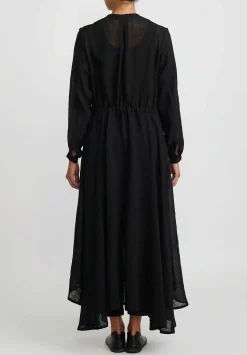 Kaval Linen Gauze Long Button-Up Dress In Black