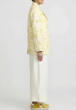 Péro Linen Hand Beaded And Embroidered Flower Jacket In Ivory White And Yellow
