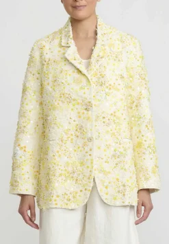Péro Linen Hand Beaded And Embroidered Flower Jacket In Ivory White And Yellow