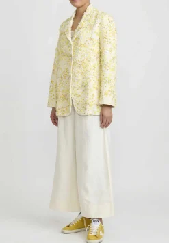 Péro Linen Hand Beaded And Embroidered Flower Jacket In Ivory White And Yellow