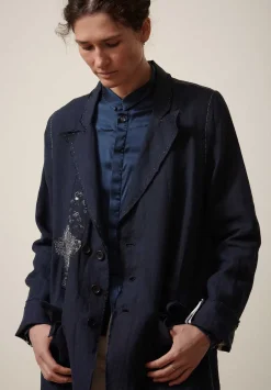 Umit Unal Linen Long Duster Jacket In Navy Blue