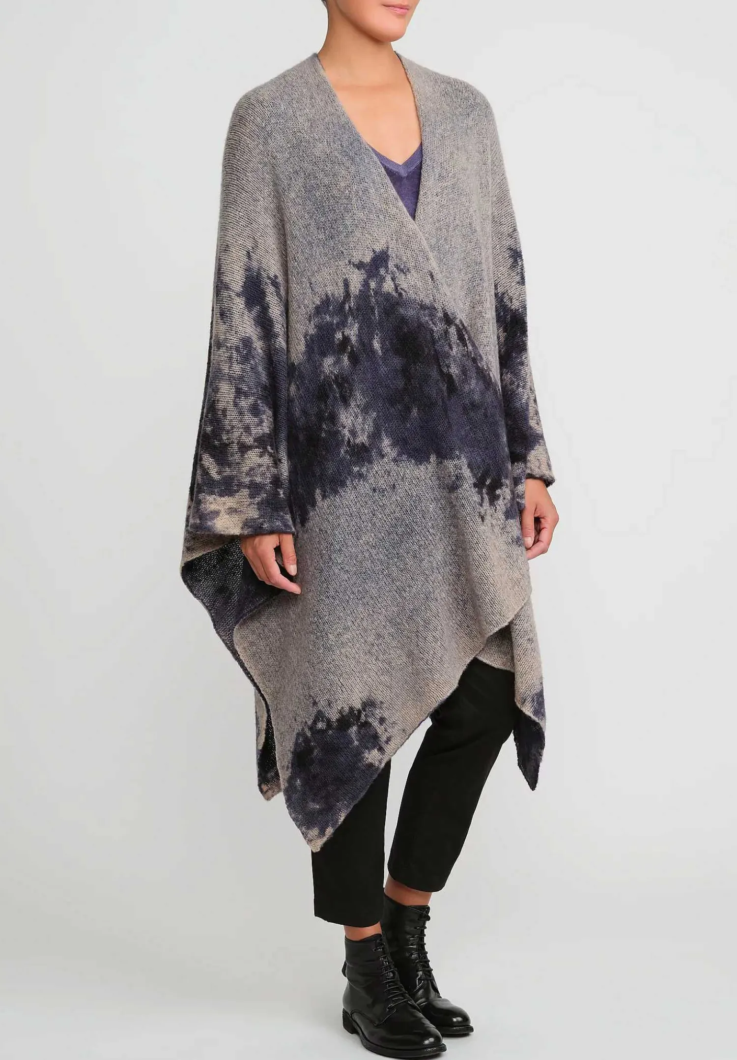 Avant Toi Merino Hand-Painted Wool And Camel Hair Poncho In Midnight Blue