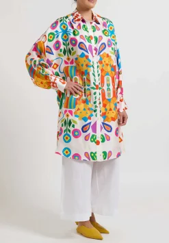 Rianna + Nina Monica Silk Geometria Blouse Tunic In Leondari White