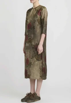 Uma Wang Moulay ''Agina" Floral Print Dress In Army Green & Red