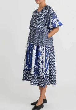 Biyan Multi Print Silk Tiered ''Langit'' Wrap Dress In Blue And White