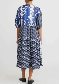 Biyan Multi Print Silk Tiered ''Langit'' Wrap Dress In Blue And White