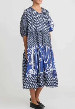Biyan Multi Print Silk Tiered ''Langit'' Wrap Dress In Blue And White