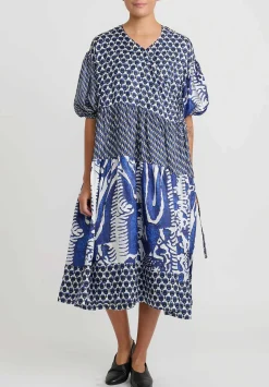 Biyan Multi Print Silk Tiered ''Langit'' Wrap Dress In Blue And White