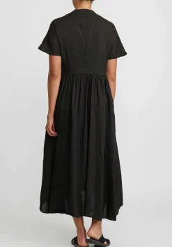 Kaval Narrow Silk And Linen Fly Front Gather Dress In Black