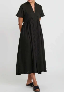 Kaval Narrow Silk And Linen Fly Front Gather Dress In Black