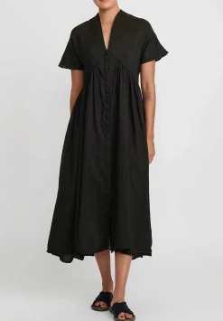 Kaval Narrow Silk And Linen Fly Front Gather Dress In Black