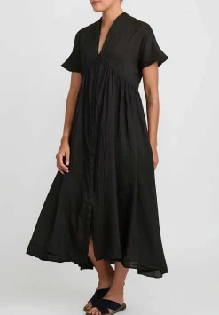 Kaval Narrow Silk And Linen Fly Front Gather Dress In Black