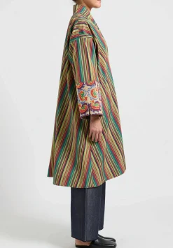 Rianna + Nina One-Of-A-Kind Silk Embroidered Cuff Coat In Green/Red Stripes