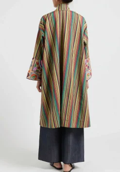 Rianna + Nina One-Of-A-Kind Silk Embroidered Cuff Coat In Green/Red Stripes