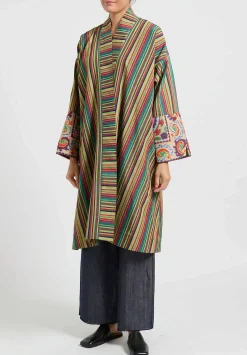 Rianna + Nina One-Of-A-Kind Silk Embroidered Cuff Coat In Green/Red Stripes