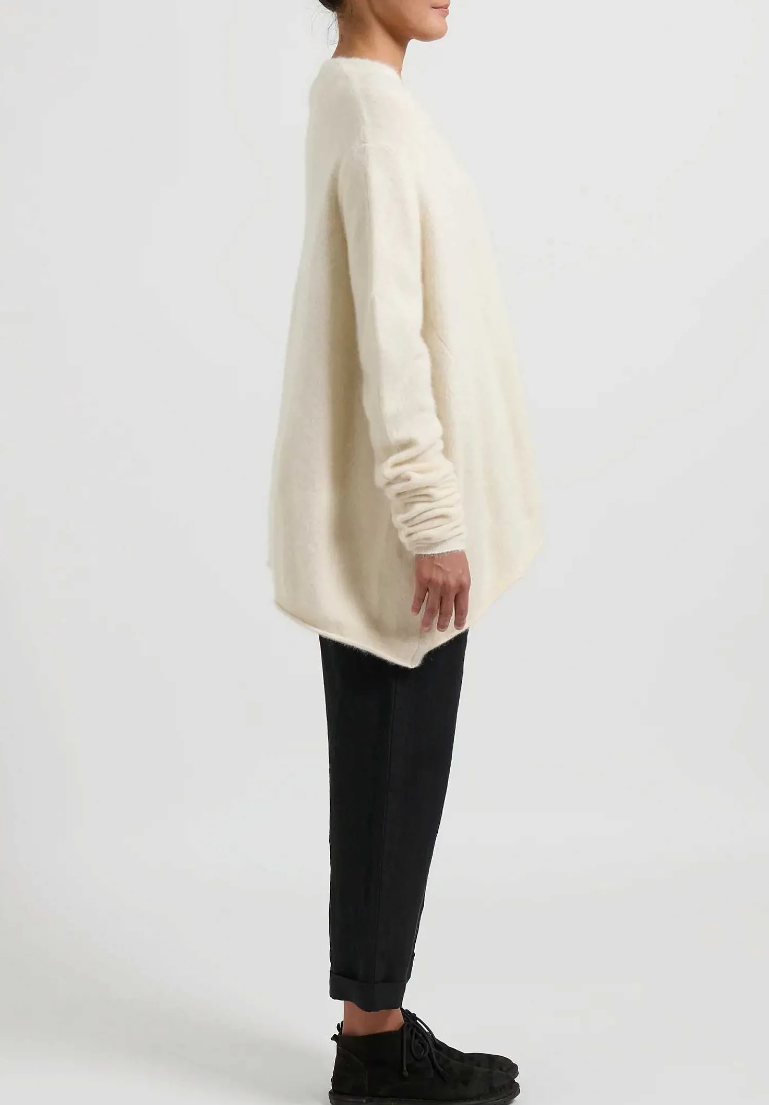 Rundholz Raccoon Hair Long Crewneck Sweater In Ivory White