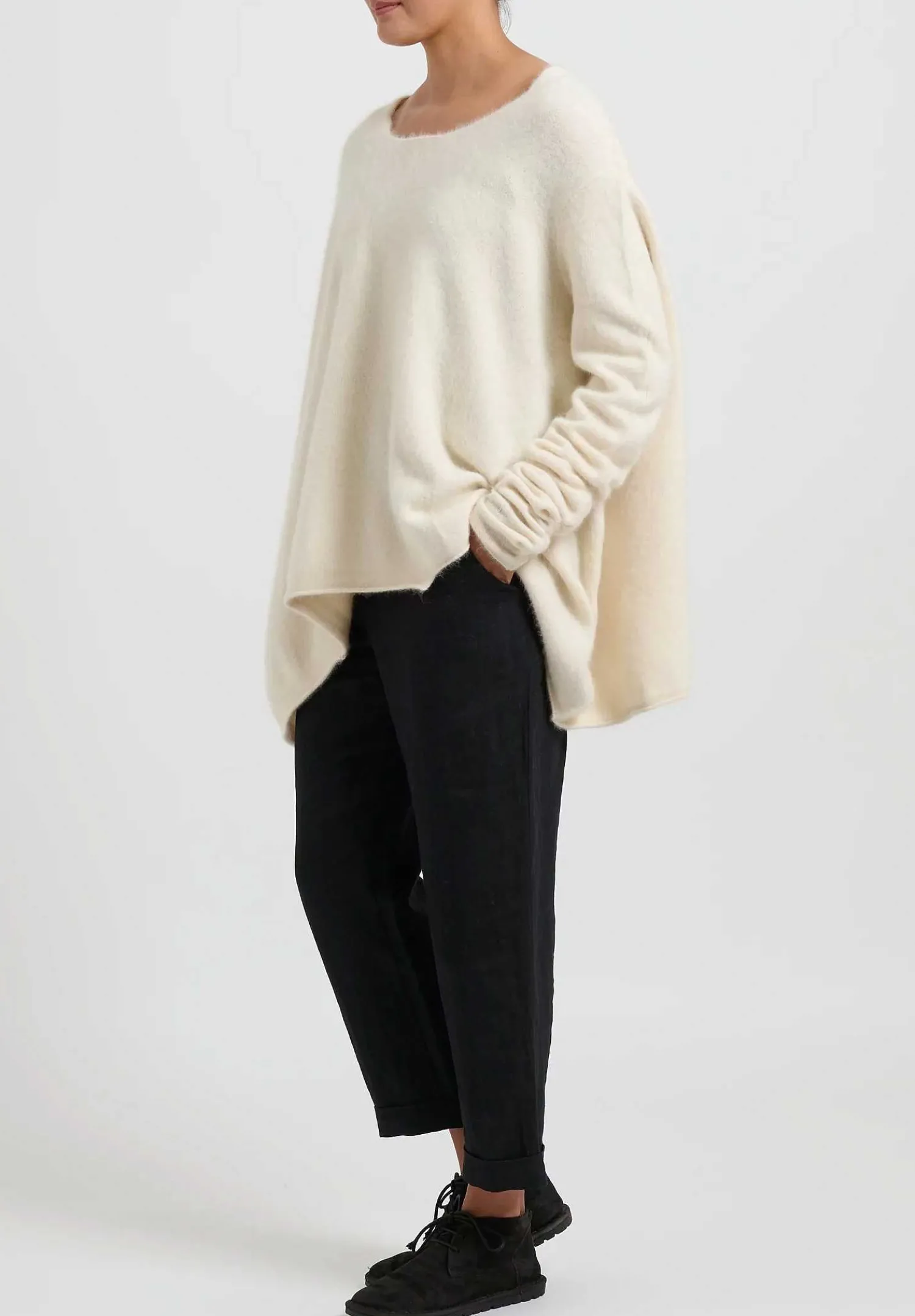 Rundholz Raccoon Hair Long Crewneck Sweater In Ivory White