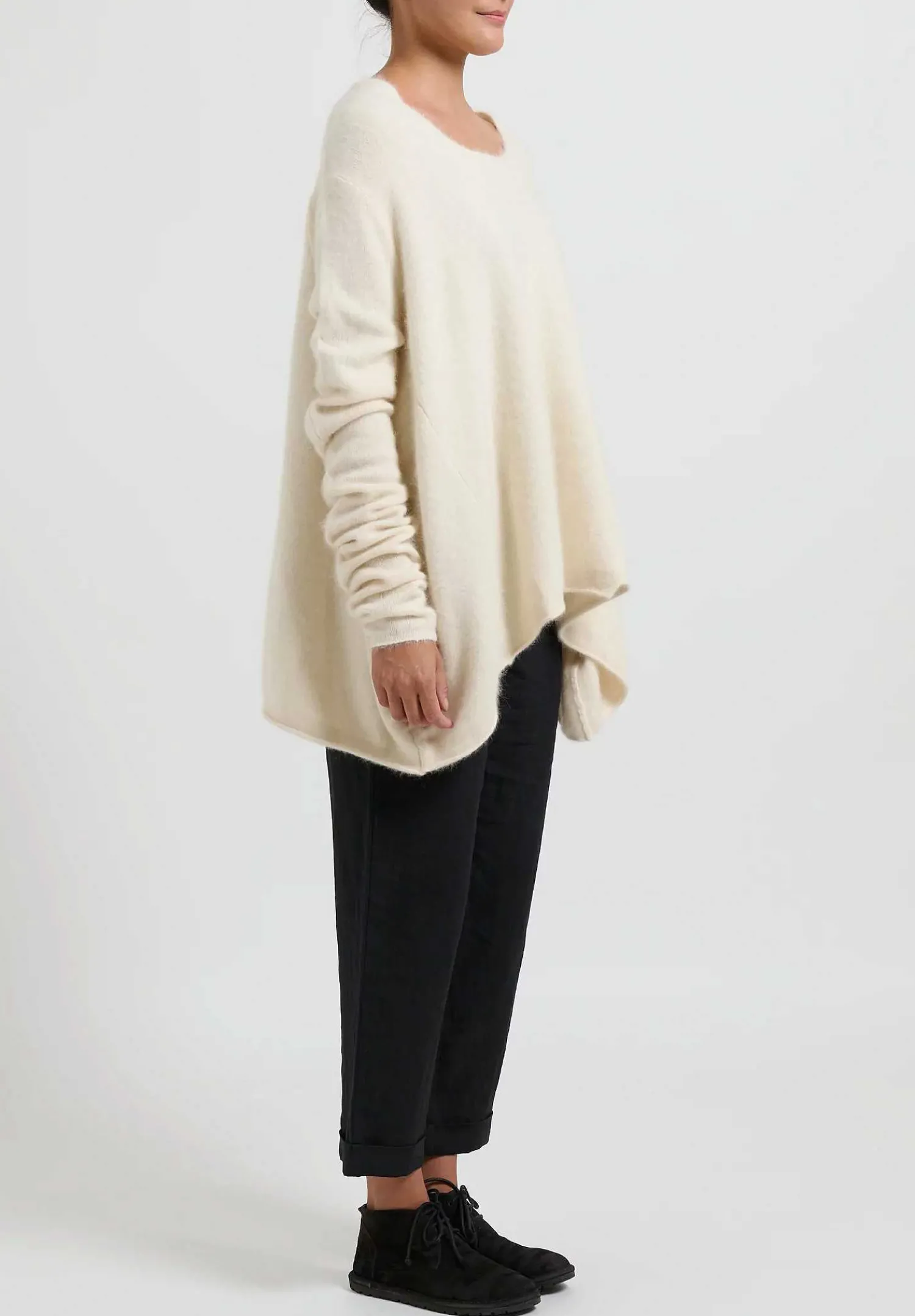 Rundholz Raccoon Hair Long Crewneck Sweater In Ivory White