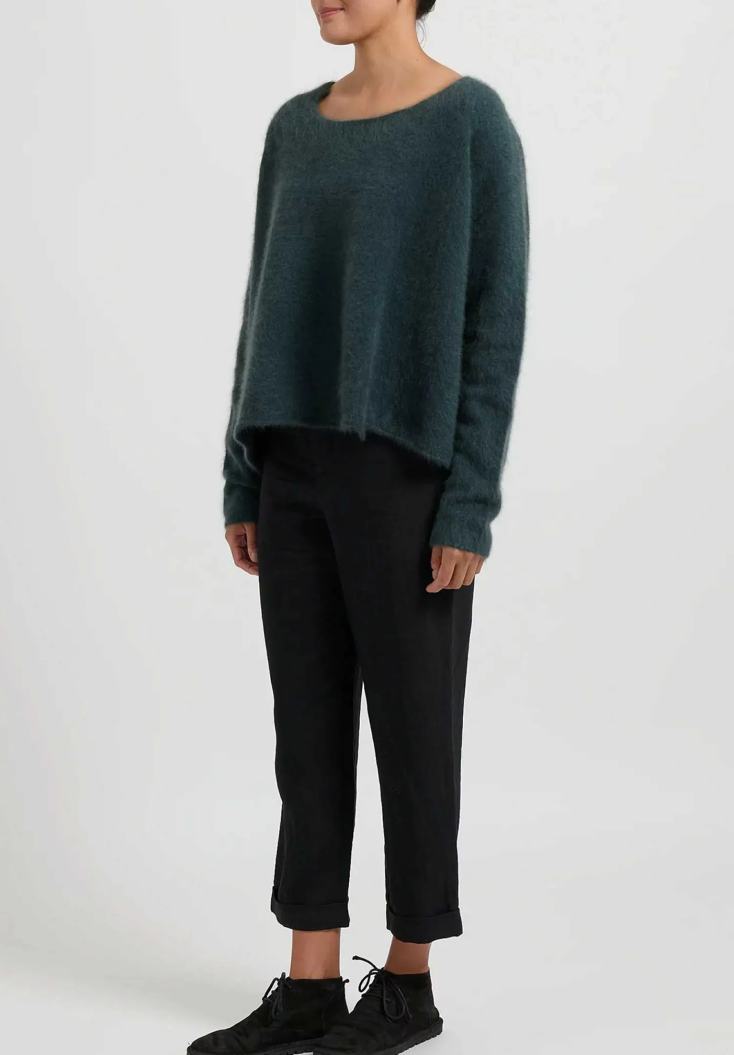 Rundholz Raccoon Hair Short Crewneck Sweater In Kobalt Green