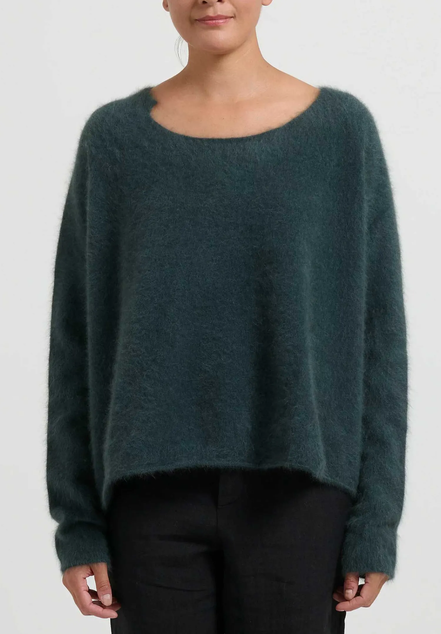 Rundholz Raccoon Hair Short Crewneck Sweater In Kobalt Green