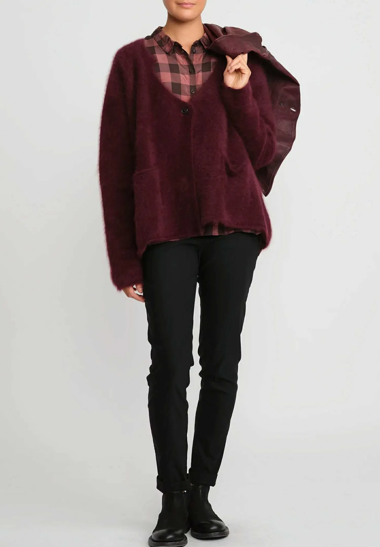 Rundholz Racoon Hair Knit Cardigan In Umbra Merlot Red