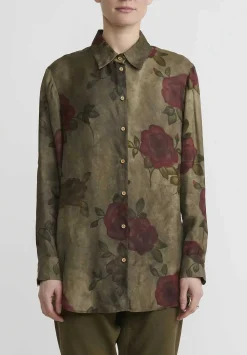 Uma Wang Rose Print ''Tyesha'' Shirt In Army Green And Red