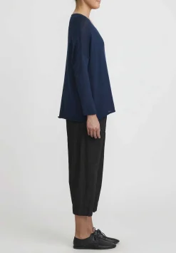 Album di Famiglia Serie Numerata Cotton Knit Scollo V-Neck Top In Navy Blue