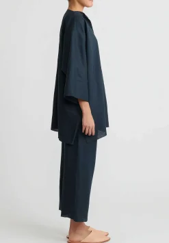 Shi Cashmere Shi Linen Cropped Pants In Navy Blue