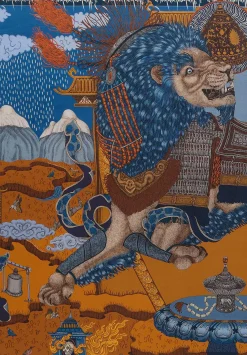 Sabina Savage Silk And Cashmere The Snow Lion Stole In Ice Blue And Fire