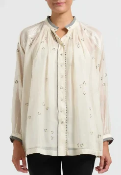 Péro Silk And Cotton Embroidered Band Collar Shirt In White