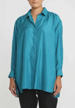 Péro Silk Button Down Shirt In Turquoise