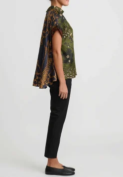 Biyan Silk ''Jaime'' Top In Olive Green & Terracotta Brown
