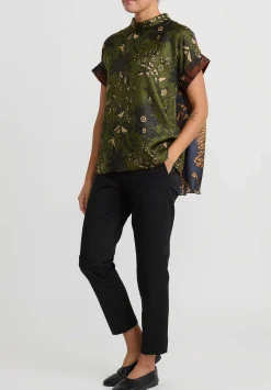 Biyan Silk ''Jaime'' Top In Olive Green & Terracotta Brown