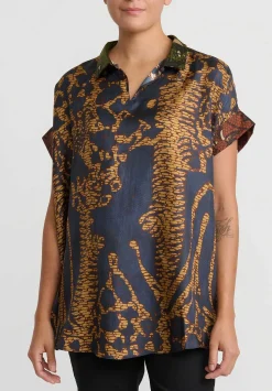 Biyan Silk ''Jaime'' Top In Olive Green & Terracotta Brown