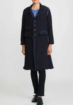 Umit Unal Silk Long Jacket With Feather In Navy Blue