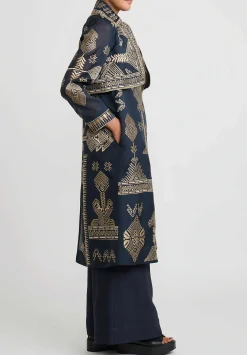 Biyan Silk Organza Embroidered Ratovina Light Trench Coat In Navy Blue